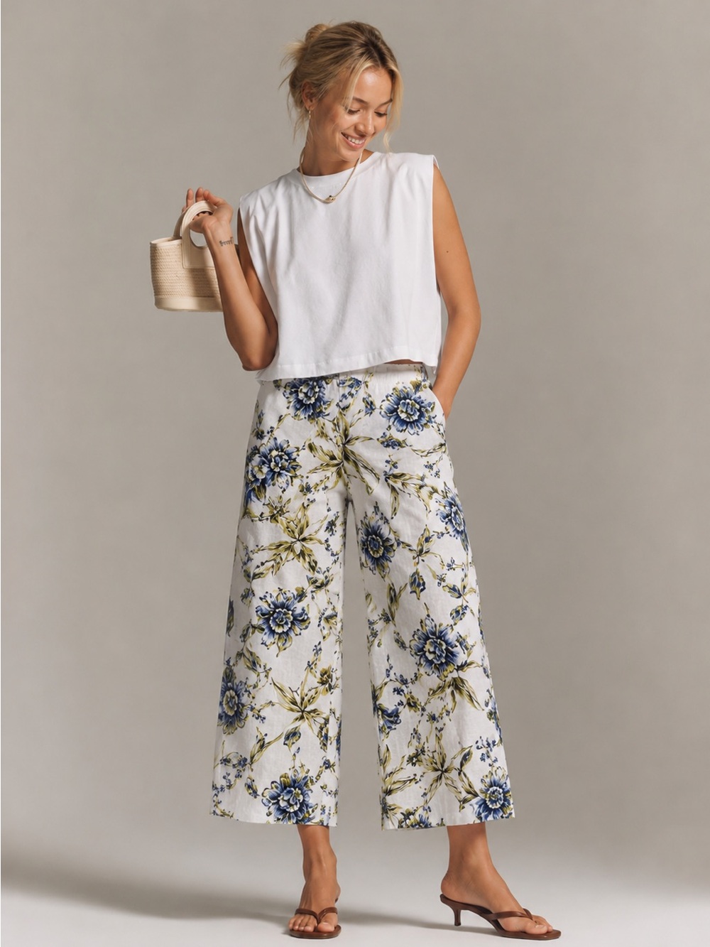 Joie 100% Linen Floral Wide Leg Crop Pants Elastic Waist Pockets Size S